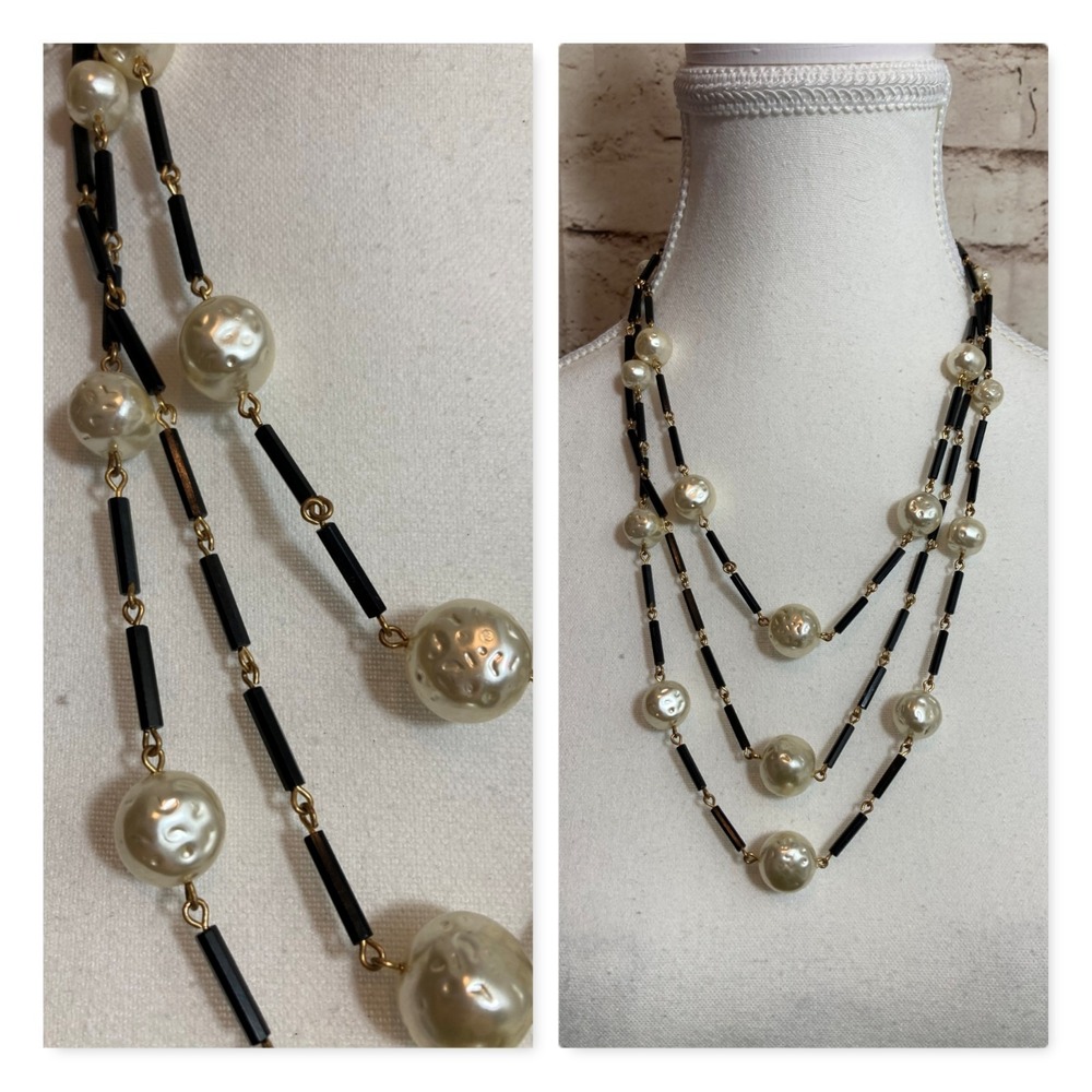 Vintage Faux Pearl Necklace Black Glass Beads Triple‎ Strand Statement Artsy